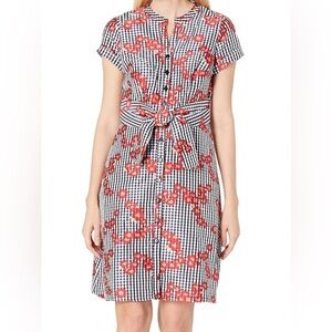 Adrianna Papell Women's Gingham and Floral Flared Embroidered Shirt Dress